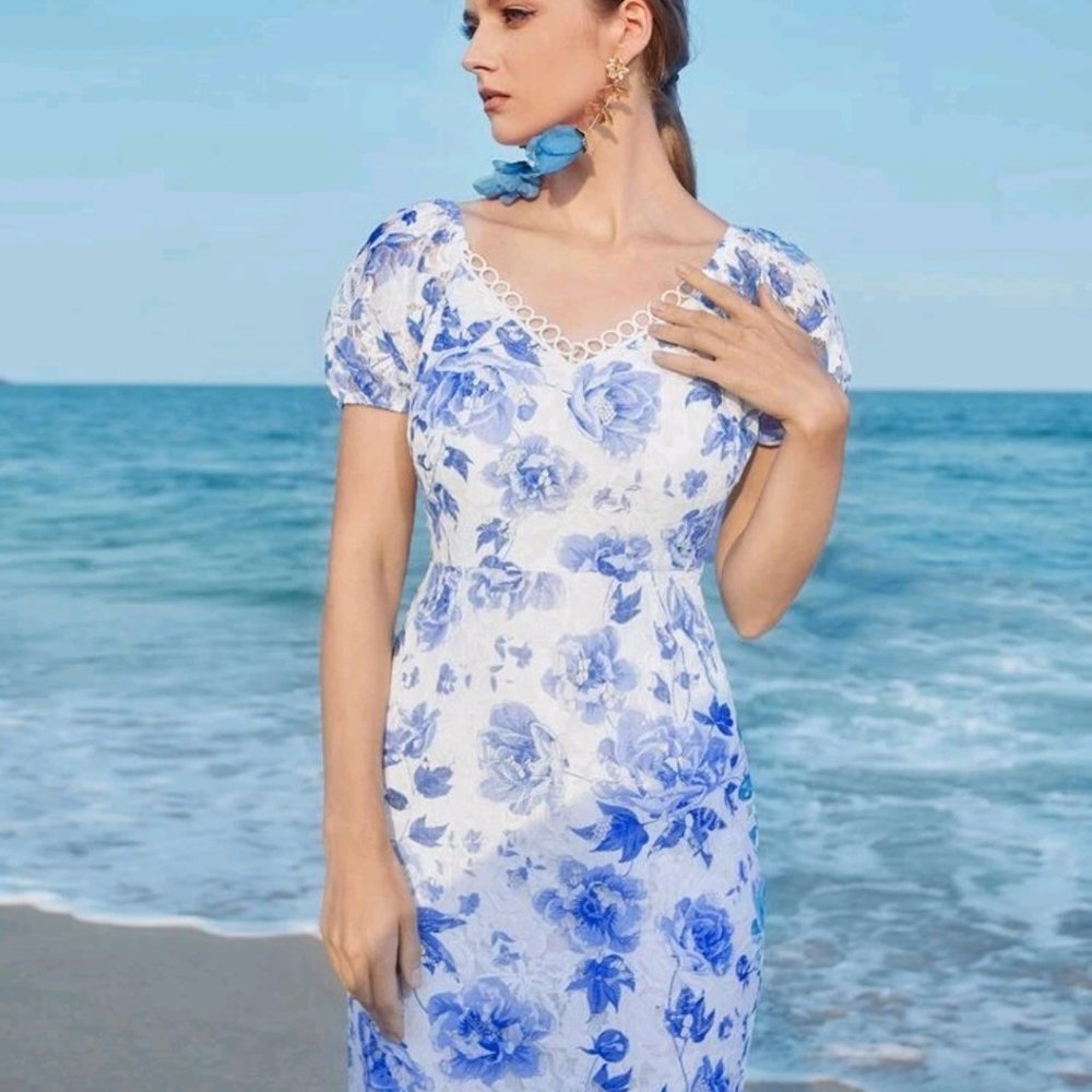 Shein - Blue Floral Mermaid Dress - Size Small